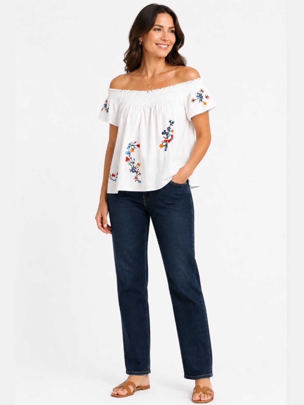 DAVI & DANI Cotton Blend Off Shoulder Short Sleeve Boho Top w/ Embroidery Sz L